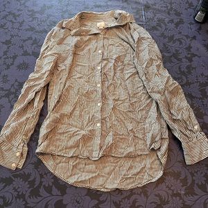 Small A New Day button-down shirt with black and grey vertical stripes